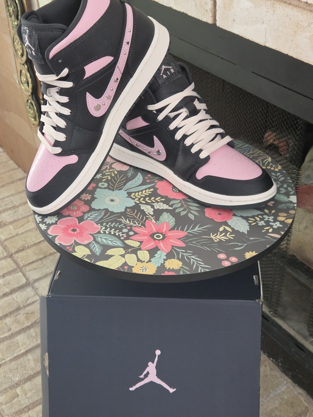 Brand New AJ1- Mid Sneakers - Black & Pink With Rhinestones